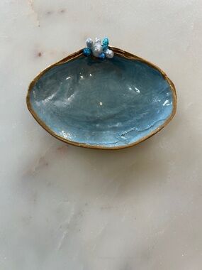 HAND MADE One of a Kind Ocean Blue Real Shell Trinket Dish with Gold Rim